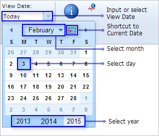 Choose a view date from the calendar widget. Choose a view date from the calendar widget.